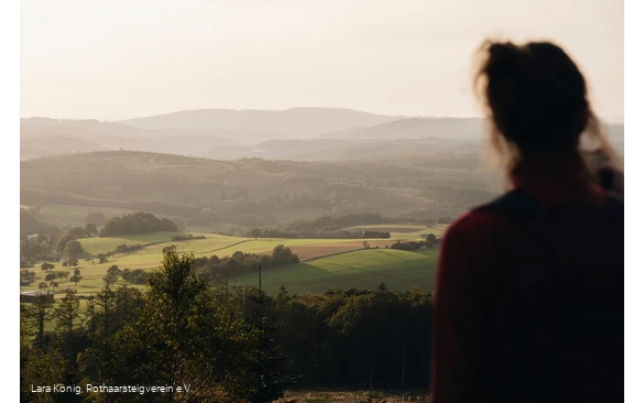 Eine Frau blickt über die grüne, hügelige Landschaft am Rothaarsteig