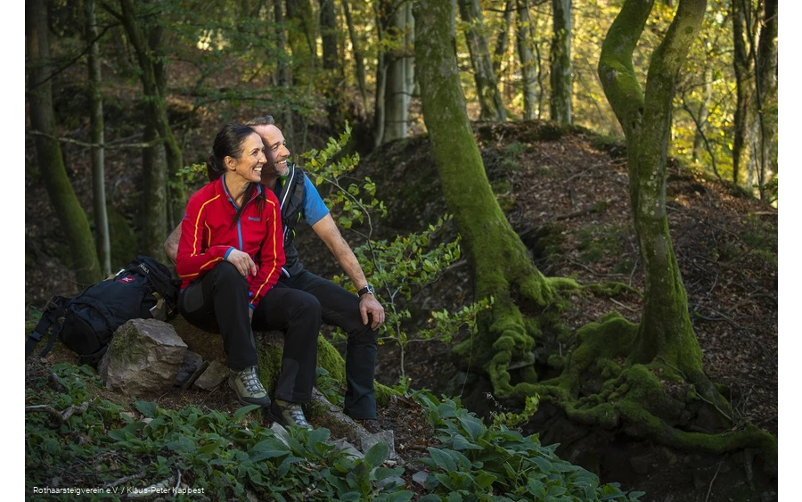 Zwei Rothaarsteig-Wanderer sitzen im grünen Wald auf einem Stein