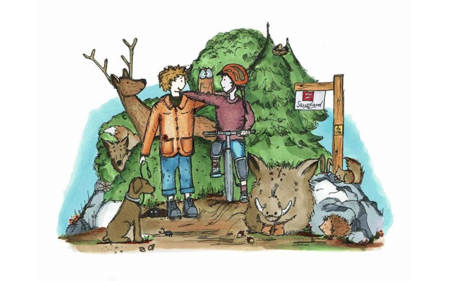 Zeichnung einer Waldsituation mit Tieren, Wanderer und Radfahrer