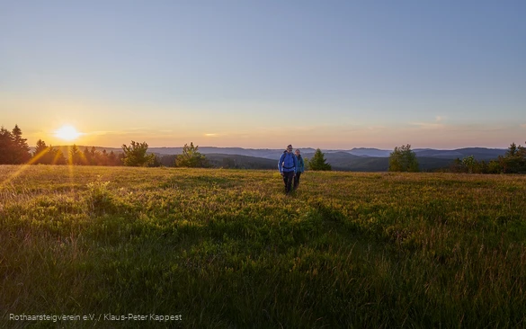 Wandernde im Sonnenuntergang auf dem Kahler Asten