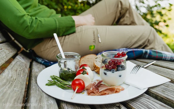 Tischlein-Deck-Dich-Pause auf eine, Rothaarsteig-Waldsofa mit Vorspeisenteller