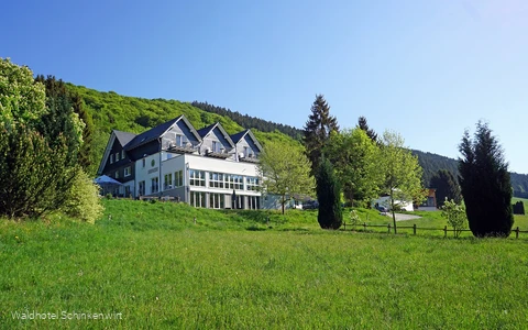 Außenansicht Waldhotel Schinkenwirt mit grüner Wiese im Vordergrund