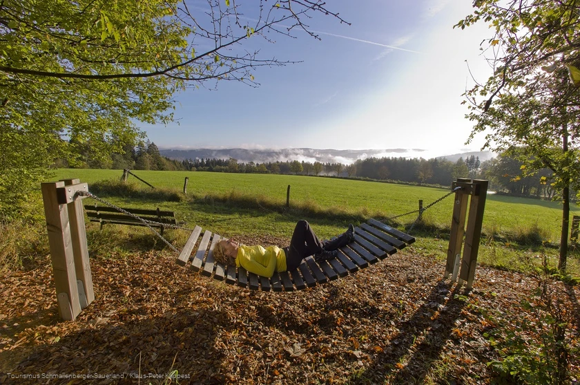 Frau liegt bei Sonnenschein in einer Rothaarsteig-H&auml;ngematte