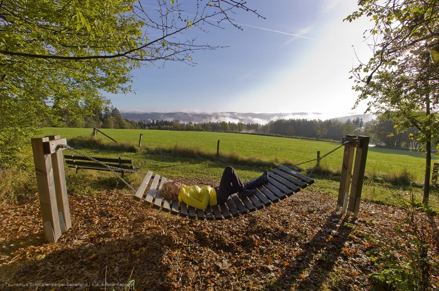 Frau liegt bei Sonnenschein in einer Rothaarsteig-H&auml;ngematte