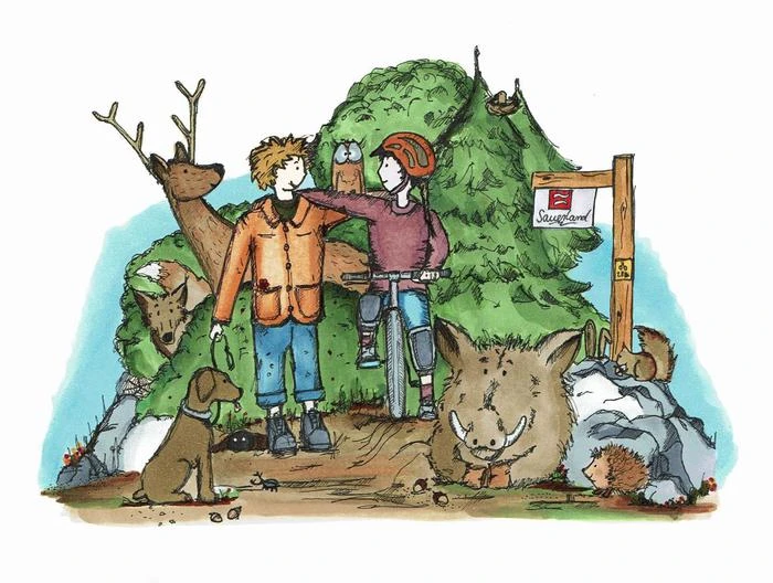 Zeichnung einer Waldsituation mit Tieren, Wanderer und Radfahrer