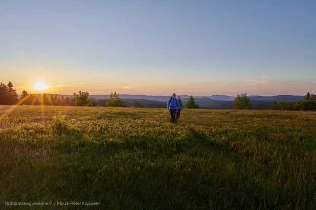 Wandernde im Sonnenuntergang auf dem Kahler Asten