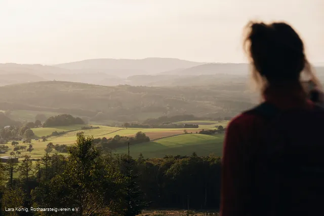 Eine Frau blickt über die grüne, hügelige Landschaft am Rothaarsteig