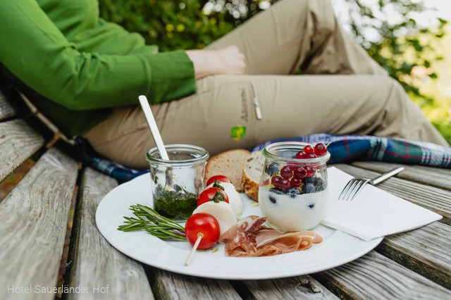 Tischlein-Deck-Dich-Pause auf eine, Rothaarsteig-Waldsofa mit Vorspeisenteller