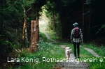 Wanderin mit Hund auf einem Waldweg auf dem Rothaarsteig
